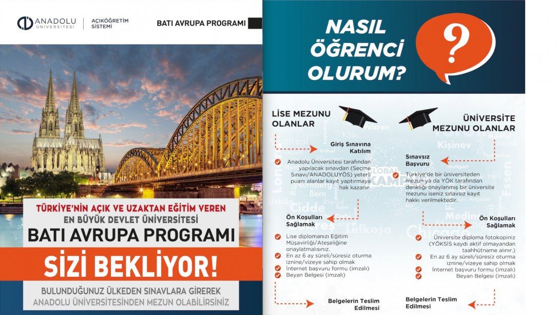 Anadolu Üniversitesi Açık Öğretim sistemi Batı Avrupa Programlarına kayıt olmak isteyen lise veya dengi okul mezunu öğrenci adaylarına yönelik yapılan Öğrenci Seçme Sınavı başvuruları 9 Eylül 2020 tarihine kadar uzatılmıştır.