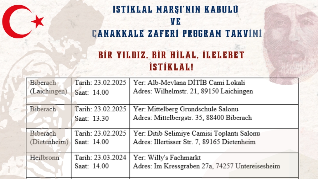 12 Mart İstiklal Marşı'nın Kabulü ve 18 Mart Çanakkale Zaferi ve Şehitleri Anma Günü Kutlama Programları Takvimi